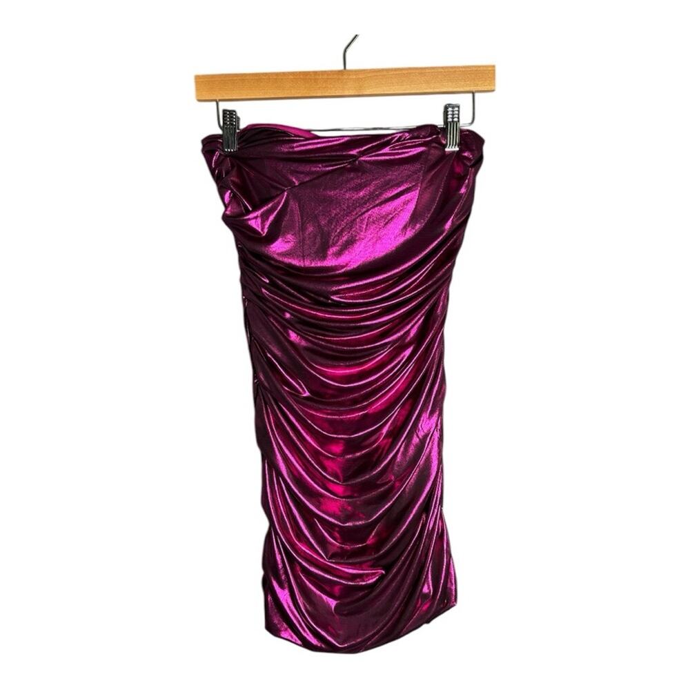 ASTR the Label Bright Pink Iridescent Strapless Mini Ruched Dress Medium